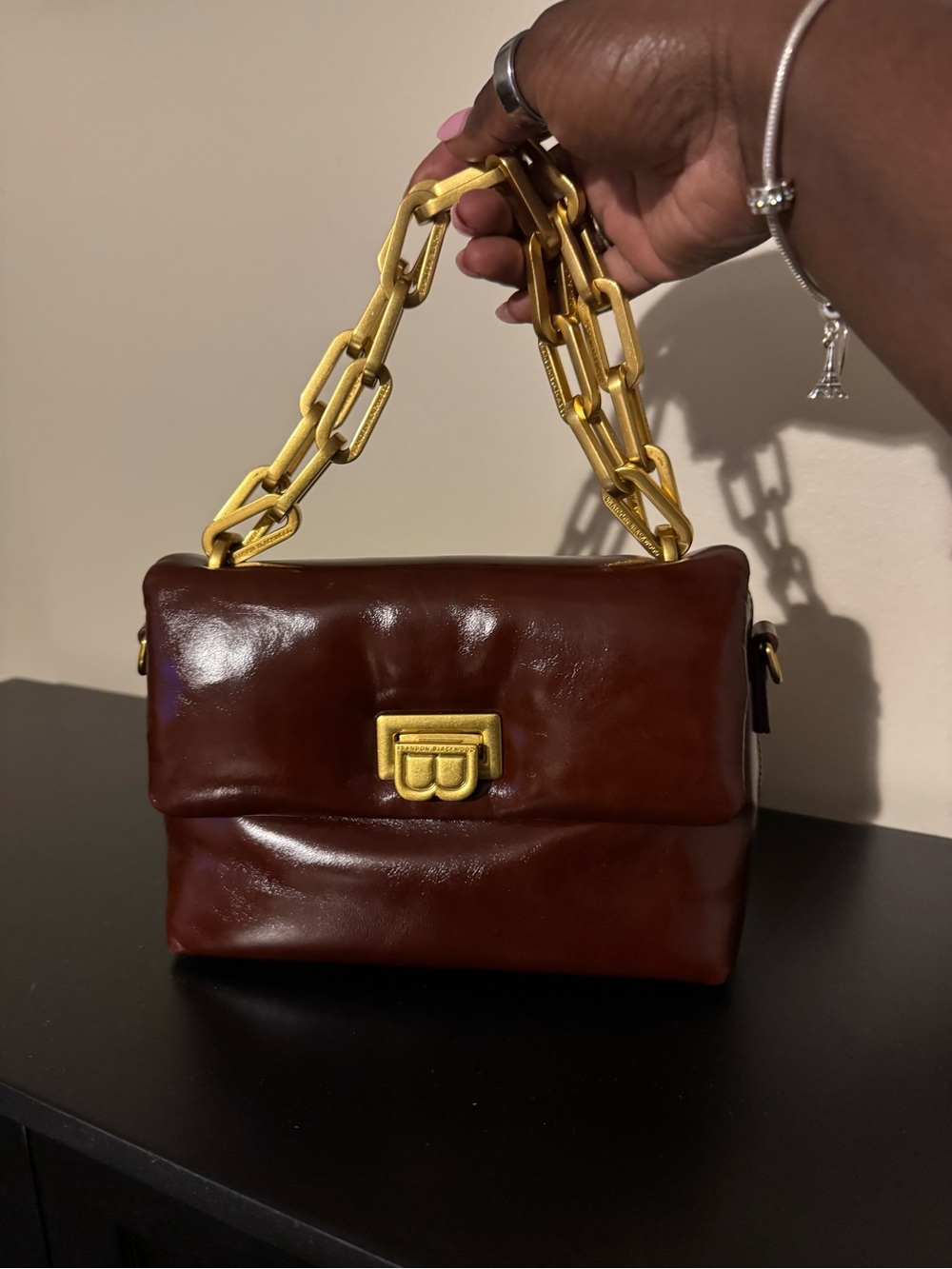 Brandon Blackwood Yuta Brown Leather Shoulder Bag with Gold Chain Handle